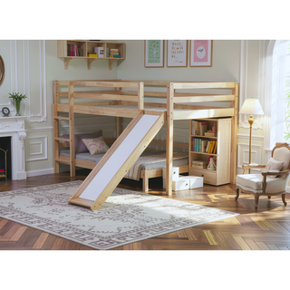 Sunvega Grey Twin Low Loft Bed with Slide, Ladder, and Safety Guardrails