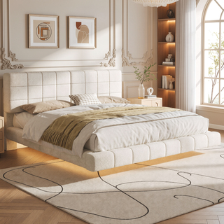 Sunvega King Boucle Floating Bed with Lights and Anti-Collision Corners
