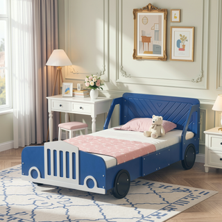 Sunvega Blue Twin Size Car-Shaped Platform Bed with Wheels for Kids