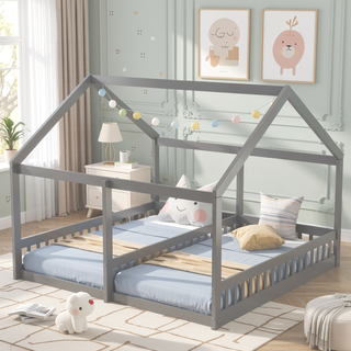 Sunvega Twin Size House Shaped Platform Beds with Safety Guardrails and Roof
