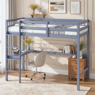 Sunvega Pink Rubber Wood Twin High Loft Bed with Safety Guardrail and Built-in Desk