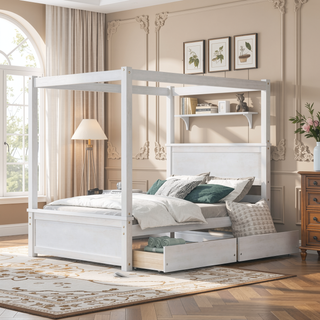 Sunvega Modern Wood Canopy Bed with Two Drawers and Brushed White Finish