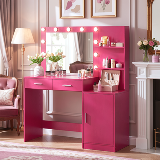Sunvega Black 46.4 Inch Vanity Desk with Mirror Lights and Large Drawers