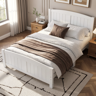 Sunvega White Solid Wood Queen Platform Bed with Slats No Box Spring Needed