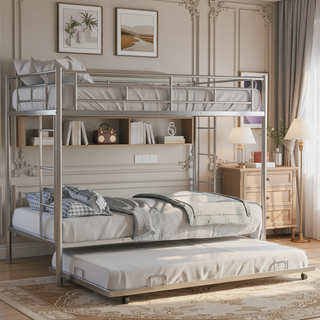 Sunvega Twin over Twin Bunk Bed with Trundle in White for Small Spaces