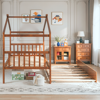 Sunvega Twin Size Wooden House Bed with Trundle and Headboard for Kids Room