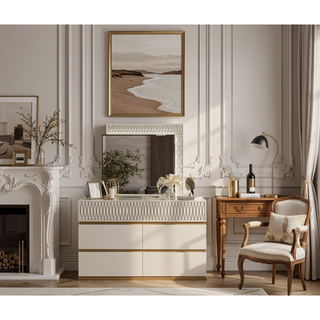 Sunvega Modern Rectangular Mirror with Intricate Wood Frame and LED Lights