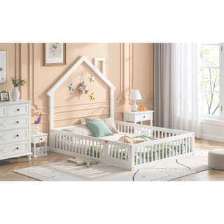Sunvega White Wood House Platform Bed with Guardrail for Kids Full Size