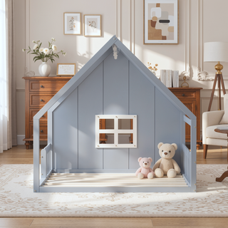 Sunvega Full Size Wood House Bed with Fence Window and LED Lights