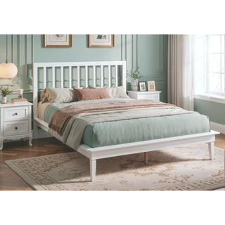 Sunvega Queen Size Platform Bed Frame with White Wood Legs and Sturdy Slats