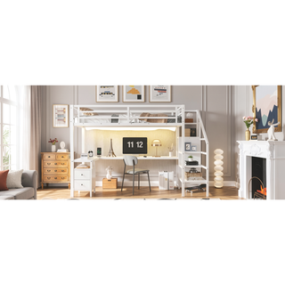 Sunvega Twin XL Size Loft Bed with Wardrobe Stairs USB LED Light and Desk