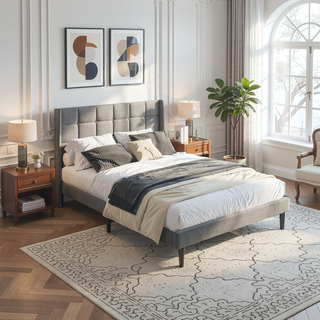 Sunvega Modern Upholstered Platform Bed Frame with Button Tufted Linen Headboard