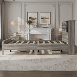 Sunvega Full Size Farmhouse Platform Bed with Double Sliding Barn Door and Charging Station