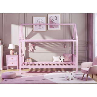Sunvega Twin Rubber Wood House Bed with Headboard and Footboard in Light Grey