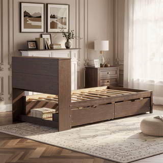 Sunvega Modern Twin Size Bed Frame With USB Port Bookcase Headboard and 2 Drawers