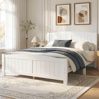 Sunvega White Solid Wood Queen Platform Bed with Slats No Box Spring Needed