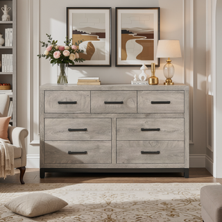 Sunvega Gray Finish 7-Drawer Dresser with Metal Bar Hardware for Bedroom