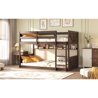 Sunvega Twin Over Twin Bunk Bed with Vintage Panelled Headboard and Safety Guardrails