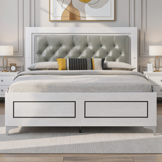 Sunvega Contemporary White Queen Size Platform Bed with LED Light Headboard
