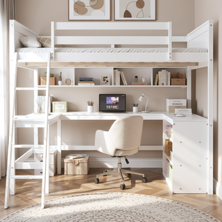 Sunvega Sturdy Pine Wood Loft Bed with Desk and Bookshelves for Space Saving