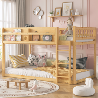Sunvega Low Twin Over Twin Solid Wood Bunk Bed with Ladder for Kids & Juniors