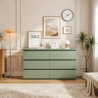 Sunvega White Wooden Six Drawer Cabinet with Golden Handles Large Storage Space