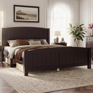 Sunvega White Solid Wood Queen Platform Bed with Slats No Box Spring Needed