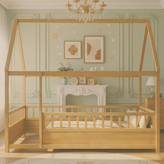 Sunvega Twin Size Floor Wooden Bed with House Roof Frame and Fence Guardrails