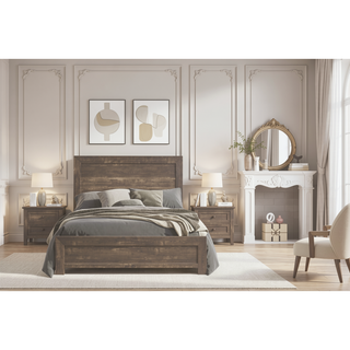 Sunvega Rustic Brown Finish Full Size Panel Bed with Headboard and Footboard