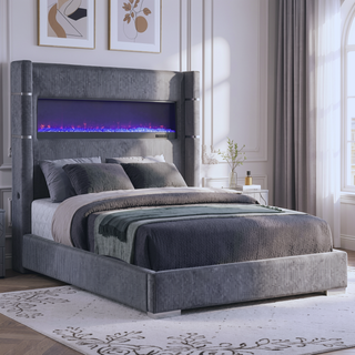 Sunvega Queen Upholstered Wingback Panel Bed with Remote Controlled Flame Box