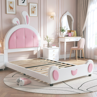 Sunvega Cute Rabbit Shaped Upholstered Twin Size Platform Bed with Sturdy Wood Construction