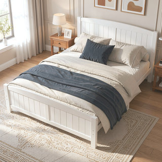 Sunvega White Solid Wood Queen Platform Bed with Slats No Box Spring Needed