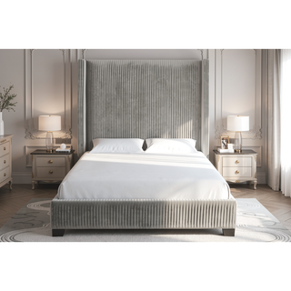 Sunvega Queen Upholstered Pleated Bed in a Box with Sturdy Dark Brown Frame