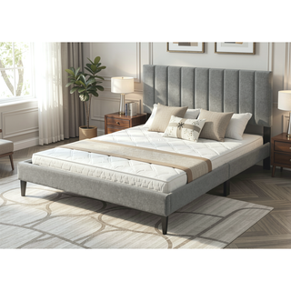 Sunvega Queen Upholstered Pleated Bed in a Box with Sturdy Dark Brown Frame