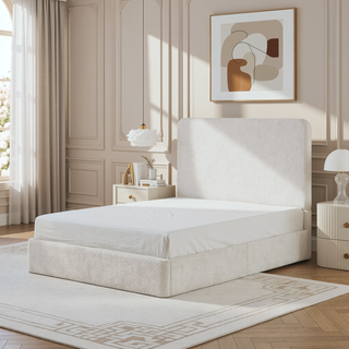 Sunvega Pearl White Chenille Upholstered King Bed with 52 Inch Tall Headboard