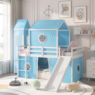 Sunvega Sturdy Pink Twin Size Loft Bed with Slide Tower and Playhouse Design