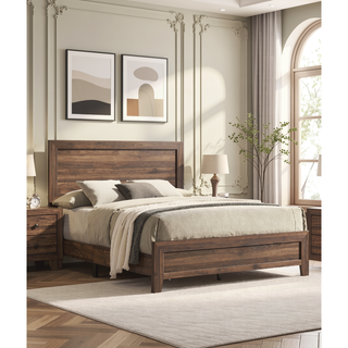 Sunvega Brown Cherry Finish Contemporary Fabric Panel Bed in One Box