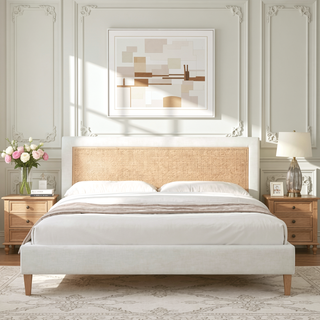 Sunvega Antique White Polyester Upholstered Cane-Back Platform Bed with Birch Frame