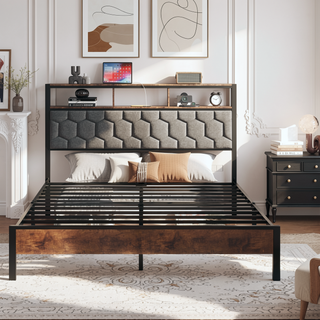 Sunvega Queen Bed Frame with Vintage Shelf Headboard and USB Charging Station