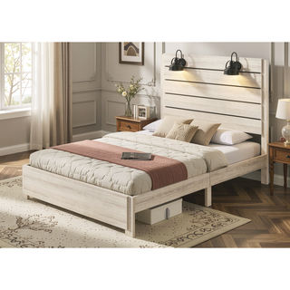 Sunvega Traditional Rustic Style Queen Size Platform Bed with Headboard Lamps