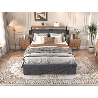 Sunvega Queen Upholstered Bed Frame with Headboard LED Lights Charging Station and 4 Storage Drawers