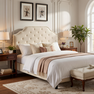Sunvega Queen Size Upholstered Headboard with Tufted Design and Nailhead Trim