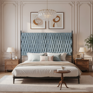 Sunvega Queen Size Headboard with Braided Fabric Upholstery and Black Metal Frame