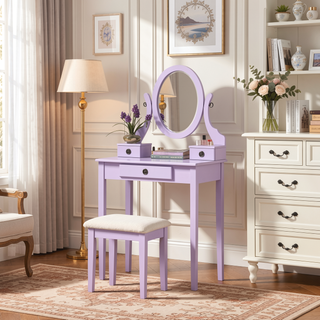 Sunvega Pink Wood Makeup Vanity Table and Stool Set with Mirror and Storage Drawers