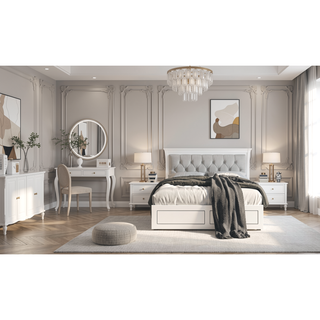 Sunvega Contemporary White Queen Size Platform Bed with LED Light Headboard
