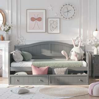 Sunvega Twin Wooden Daybed with Trundle Sofa Bed for Bedroom Living Room Gray