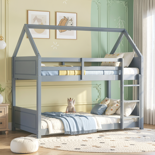 Sunvega Twin Over Twin House Floor Bunk Bed with Headboards and Guardrails Ladder