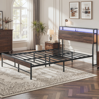 Sunvega Queen Bed Frame with Headboard LED Lights Charging Station 3-Tier Storage Shelf