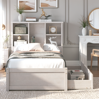 Sunvega Modern Twin Size Bed Frame With USB Port Bookcase Headboard and 2 Drawers