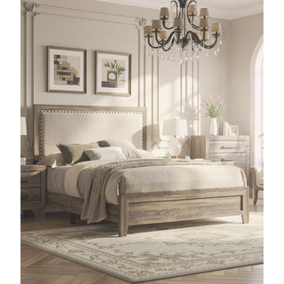 Sunvega Brown Cherry Finish Contemporary Fabric Panel Bed in One Box
